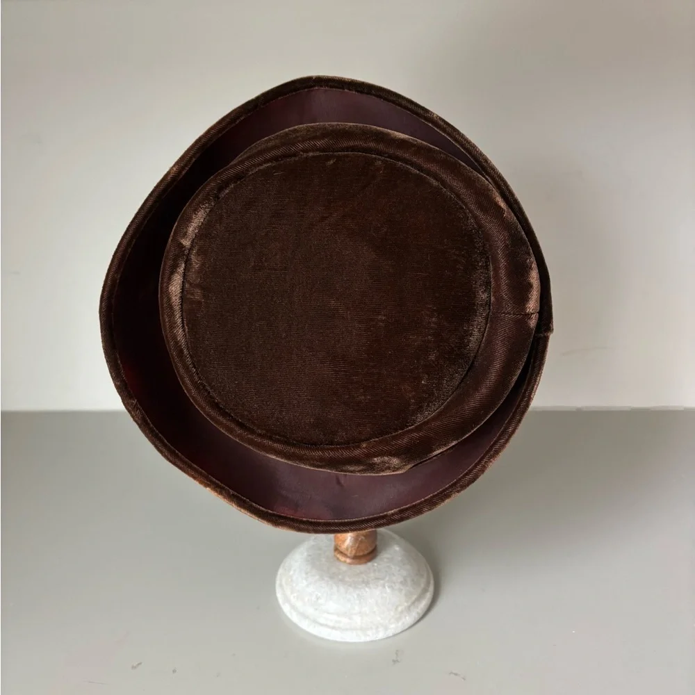 Vintage Union Made Brown Velvet Pillbox Hat Bow Detail 1950s 1960s ADW USA